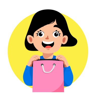 Siyah saçlı, düz vektör tasarımlı el çantalı bir alışveriş kızı tasviri