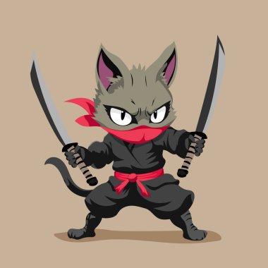 İki katanalı düz vektörle dövüşen kafa bandı karakterli ninja kedi.