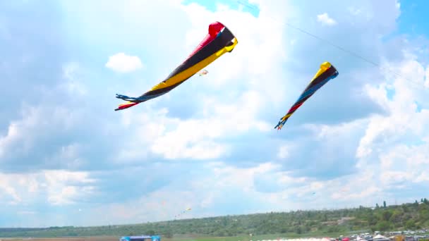 Cometas multicolores volando contra el cielo azul y las nubes — Vídeo de stock