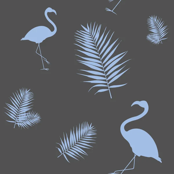 Vektor ilustrasi dari siluet biru flamingo dengan daun palem - Stok Vektor