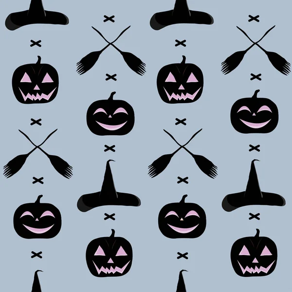 A seamless pattern for the day of Halloween, with pumpkins, a broom and a witch hat — Stock Vector