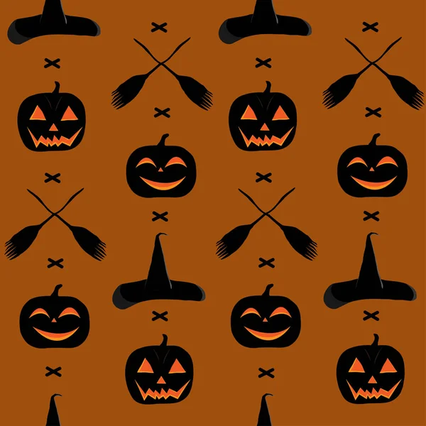 Cadılar Bayramı, gününün pumpkins, bir süpürge ve cadı şapkası ile seamless modeli