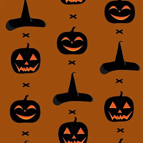 Sebuah pola mulus untuk hari Halloween, dengan labu, sapu dan topi penyihir - Stok Vektor
