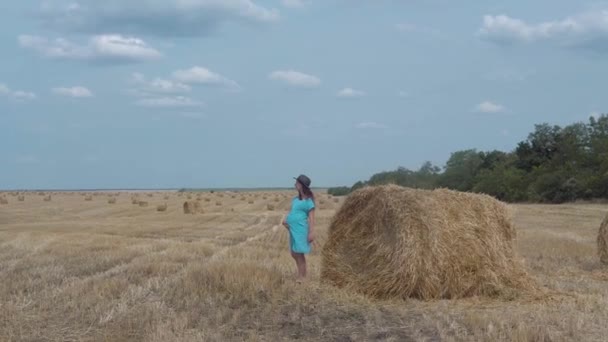 Беременная девушка в синем платье и шляпе в голубом небе и пшеничном поле с снопами сена . — стоковое видео