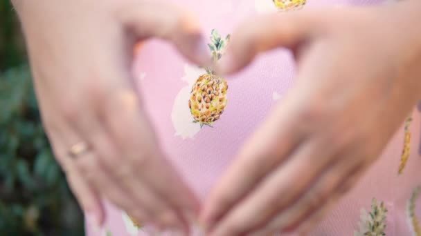 Embarazada dobla las manos en forma de corazón sobre el estómago — Vídeos de Stock