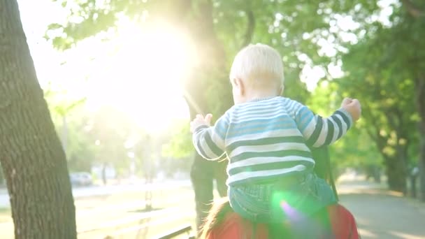 Jeune mère et son petit fils, souriant, marchant dans le parc. Un garçon est assis à côté d'une fille dans un pull rouge — Video