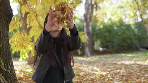 Portrait d'une jolie fille qui vomit des feuilles jaunes dans le parc d'automne et sourit magnifiquement . — Video