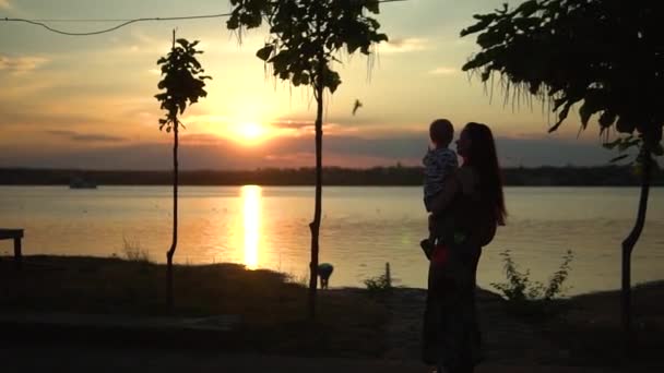 La silhouette di una madre affettuosa che abbraccia un tenero bambino tenendosi per mano, godendo del suono del mare, nei raggi di un bellissimo tramonto, esprimendo amore e cura. — Video Stock
