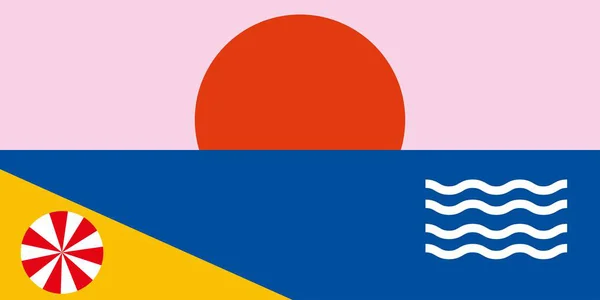 Gün batımlı deniz manzarası, dalgalar, bulutlar ve kıyı şeridi. Düz biçimli vektör illüstrasyonu