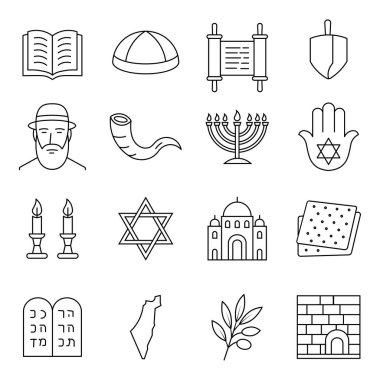 Judaica simgeleri hazır. Geleneksel Yahudi unsurları. Minimum taslak çizimi. EPS 10.