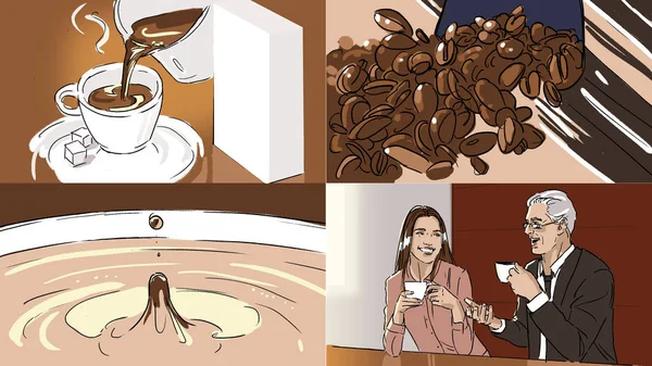 Storyboard Com Café Uma Xícara Grãos Café Fotografia De Stock