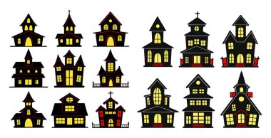 Siyah siluetli, parlak sarı pencereli ürkütücü Cadılar Bayramı evleri.