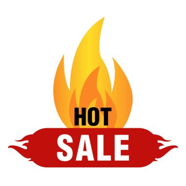 Fiery hot sale promotion with vibrant flames and bold text on a white background.