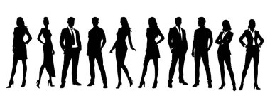 Diverse business team silhouettes standing confidently in professional attire.