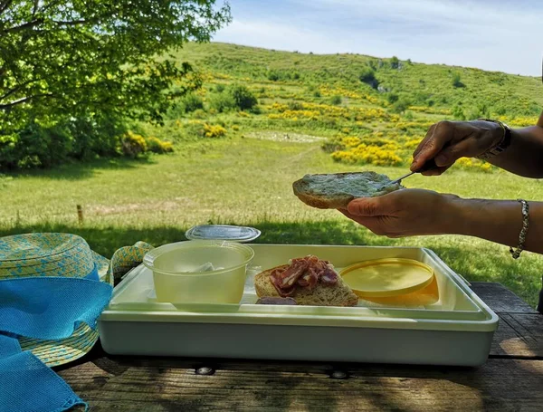 Kadın dağlarda piknik hazırlıyor.