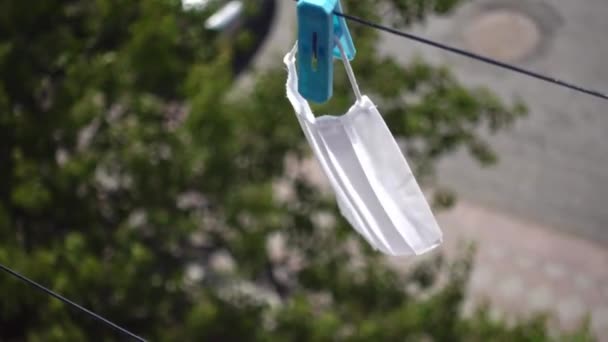 Washed Surgical Masks Hanged Pegs Rope Dry — Stock Video