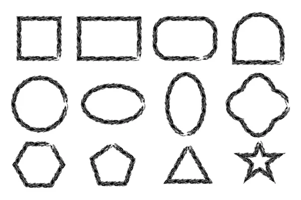 Kare dikdörtgen dairesel oval üçgen yıldız altıgen beşgen kemer yoncası da dahil olmak üzere kaba sınır paketi ile el çizimi geometrik çerçeve şekilleri