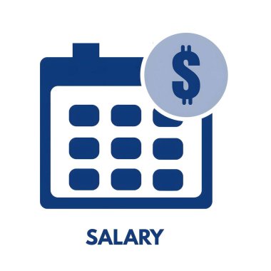 A blue calendar icon with a dollar sign in a circle on top representing salary and payment