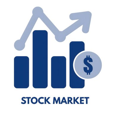 A blue bar graph with an upward trend line and a dollar sign, representing stock market growth and financial success.