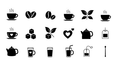 A collection of minimalist black and white icons representing coffee and tea, including cups, beans, teapots, and related elements for design projects.