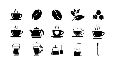 A set of high-quality vector icons depicting various coffee and tea related items, including cups, coffee beans, tea bags, and more.
