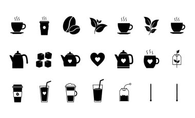 A collection of black silhouette icons representing various coffee and tea related items, including cups, beans, leaves, teapots, and other accessories.