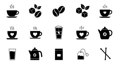 A set of minimalist vector icons representing various coffee and tea related items, including cups, beans, sugar cubes, teapots, and tea bags.