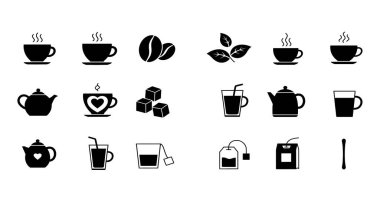 A collection of black glyph icons representing various coffee and tea related items such as cups mugs teapots coffee beans tea leaves sugar cubes and teabags.