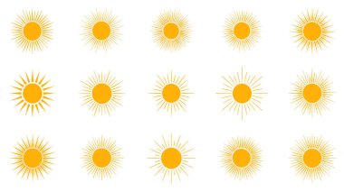 A vibrant collection of stylized sun icons in various designs, perfect for weather, energy, and summer-themed projects.