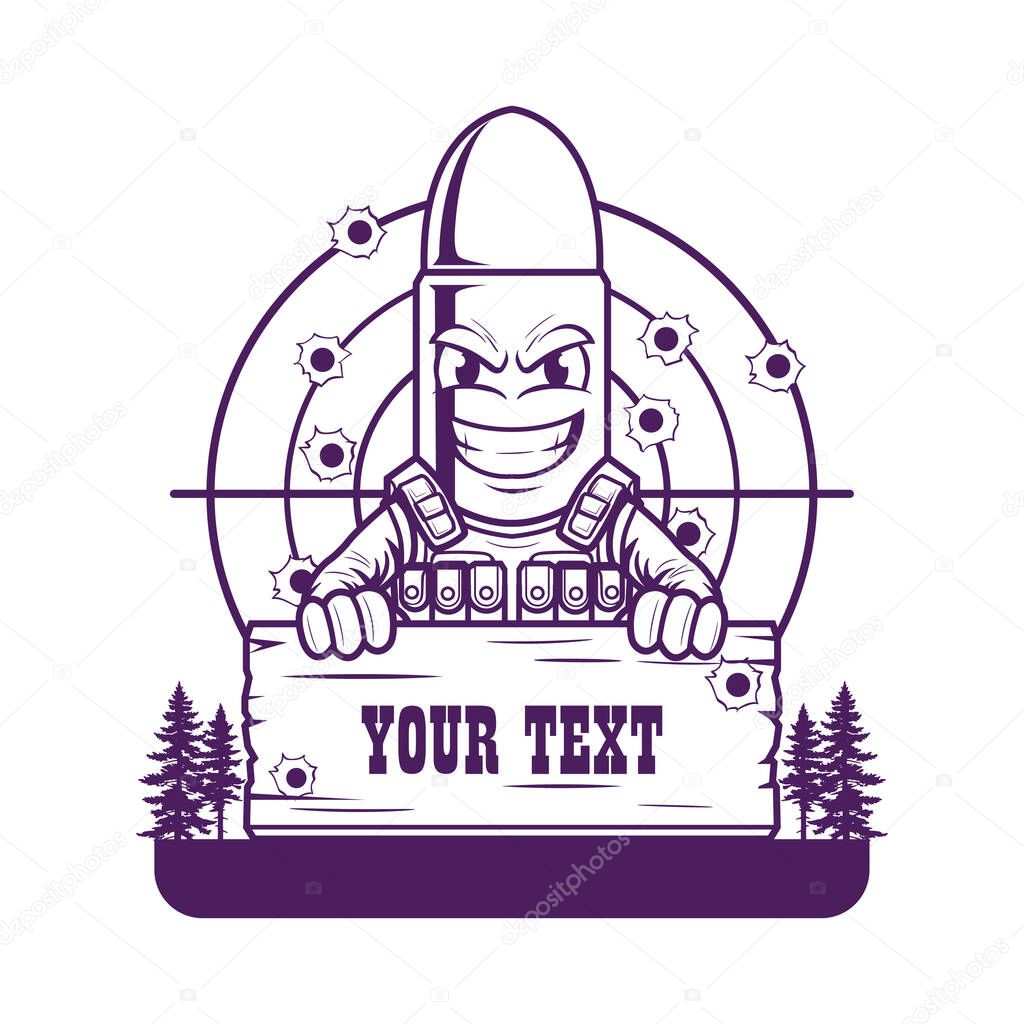 Vector illustration of a bullet mascot with angry face, wearing a vest, standing in front of a shooting target. The character is holding a wooden signboard with space for text. Suitable for logo, emblem, t-shirt design, or gaming theme.
