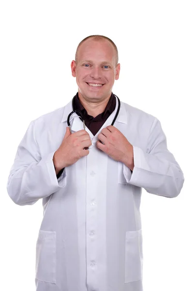 Läkare Vit Labbrock Ler Och Innehar Ett Stetoskop Vit Bakgrund — Stockfoto