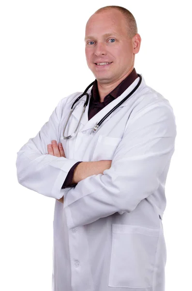 Lékař Bílém Plášti Stetoskop Usmívá Prochází Rukama Prsou Bílém Pozadí — Stock fotografie