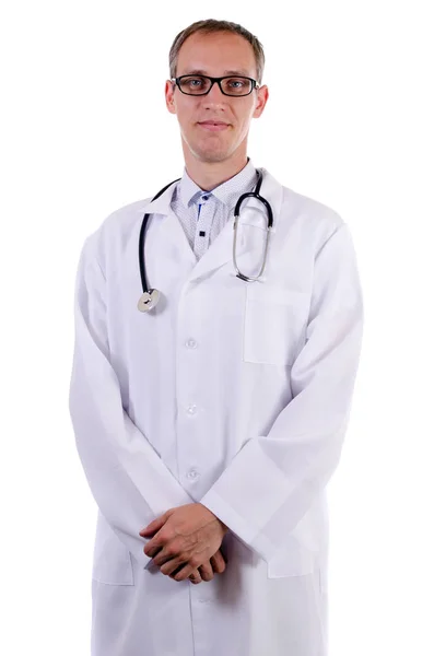 Doktor Okularach Szlafrok Stetoskopem Białym Tle — Zdjęcie stockowe