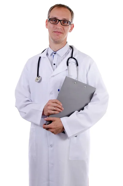 Lekarz Białym Kitlu Stetoskop Noszenie Okularów Posiada Folder Zapisu Białym — Zdjęcie stockowe