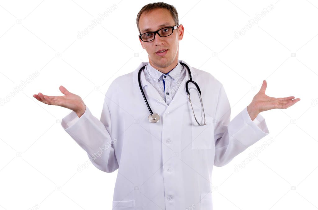 doctor in a white coat does not know the answer while he is raising his hands up against a white background