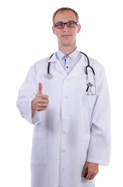 Médico Adulto Pie Una Bata Blanca Mostrando Gustos Pulgares Hacia —  Fotos de Stock