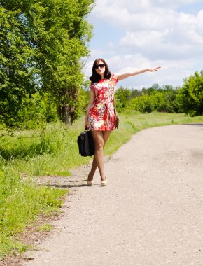 Genç kadın bir çanta ile yolda duruyor ve araba yakalar