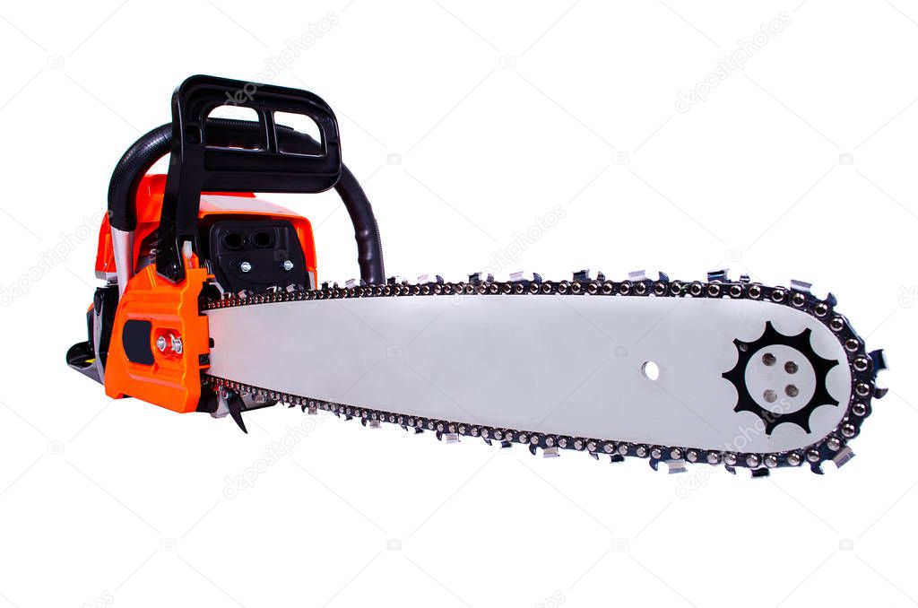 Tool chainsaw close-up on a white background