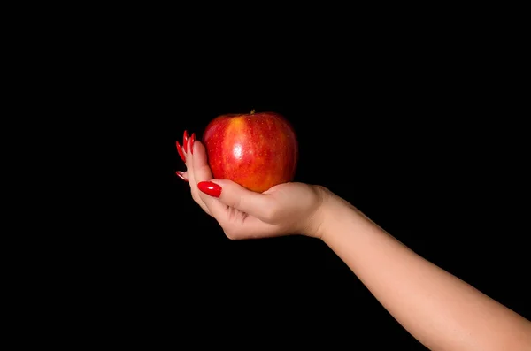 Mela Rossa Nel Palmo Della Mano Una Giovane Donna Uno — Foto Stock