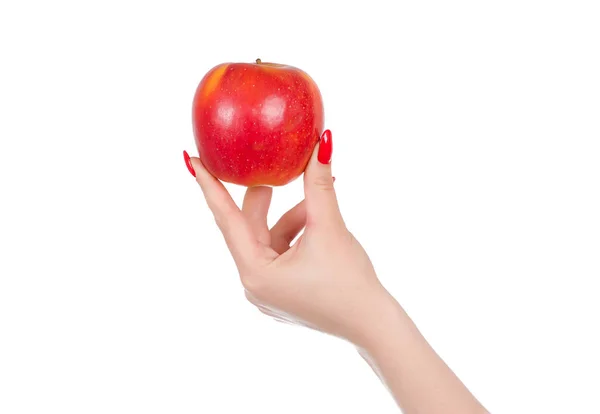 Red Apple Palm Hand Young Woman White Background Close — Stock Photo, Image