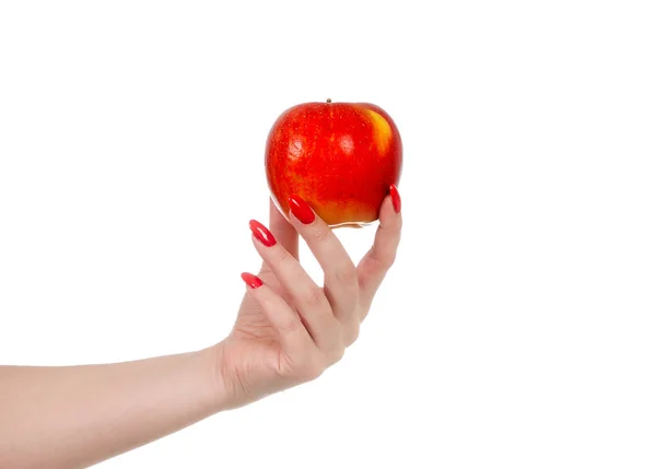 Mela Rossa Nel Palmo Della Mano Una Giovane Donna Uno — Foto Stock