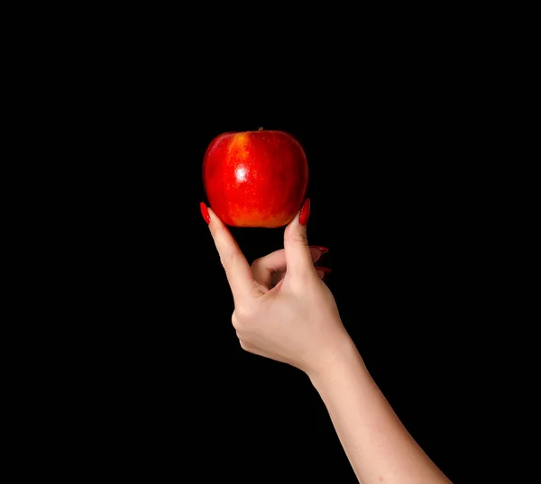Red Apple Palm Hand Young Woman Black Background Closeup — Stock Photo, Image