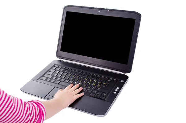 Laptop Mit Kinderhand Auf Der Tastatur Auf Weißem Hintergrund — Stockfoto