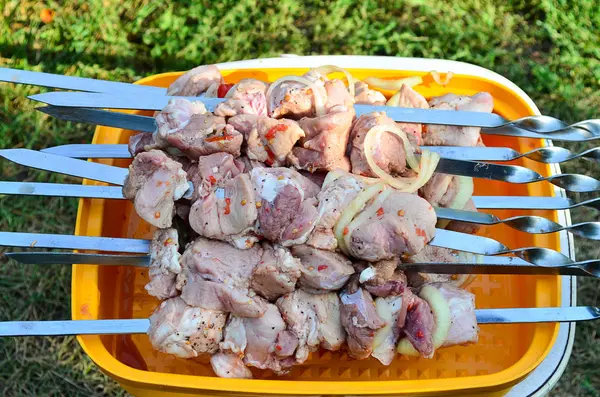 Carne Pinchos Para Freír Kebabs —  Fotos de Stock