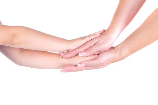 Hand Mother Little Girl Daughter Holding Each Other White Background — Stock Photo, Image