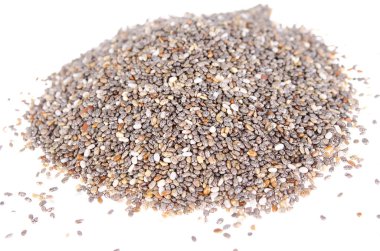 Beyaz arka planda Chia tohumları. Uygun beslenme, sağlıklı sağlık ürünleri.