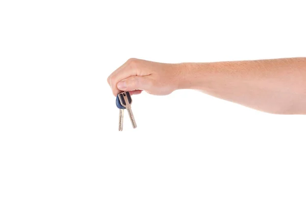 一个男人拿着锁的钥匙放在白色背景的手掌上 — 图库照片