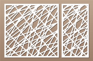 Dekoratif panel lazer kesim ayarlayın. ahşap panel. Zarif modern geometrik soyut desen. Oranı 1:2, 1:1. Vektör çizim.