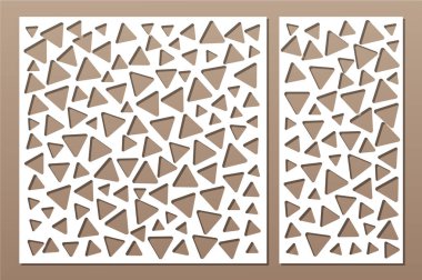 Dekoratif kart kesme için ayarlayın. Üçgenler modeli tekrarlamak. Lazer paneli kesilmiş. Oranı 1:1, 1:2. Vektör çizim.