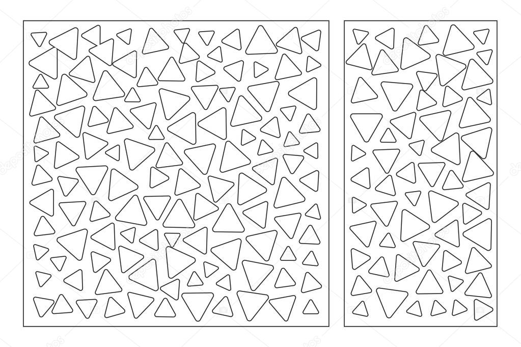 Set decorative card for cutting. Repeat triangles pattern. Laser cut panel. Ratio 1:1, 1:2. Vector illustration.